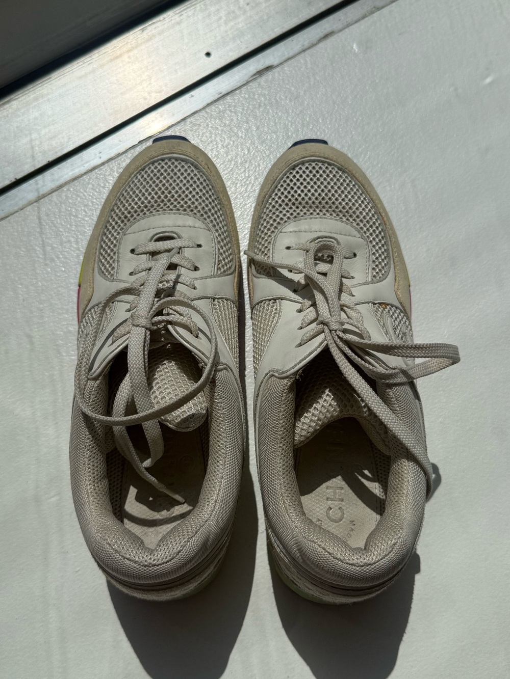 VINTAGE CHANEL White Leather & Suede CC Trainer with Pink, Green & Yellow Accent - Picture 9 of 11